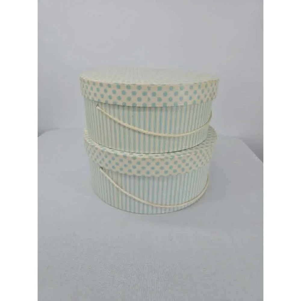 Vintage Style Round Nesting Hat Boxes Light Blue Stripes Polka Dots Set of 2